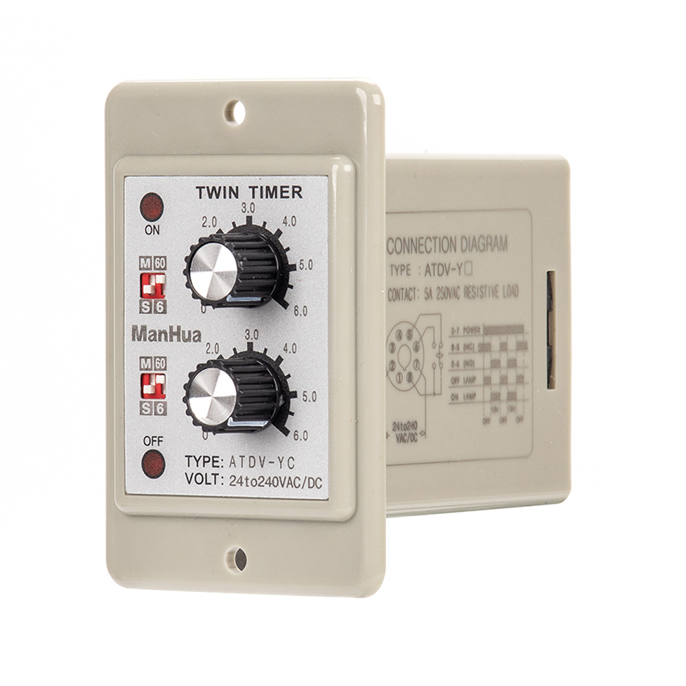 Manhua On Off Twin Timer Relay Knob Control Time Switch ATDV 6S-60M Relay Board 24 to 240VAC/DC Electrical Access